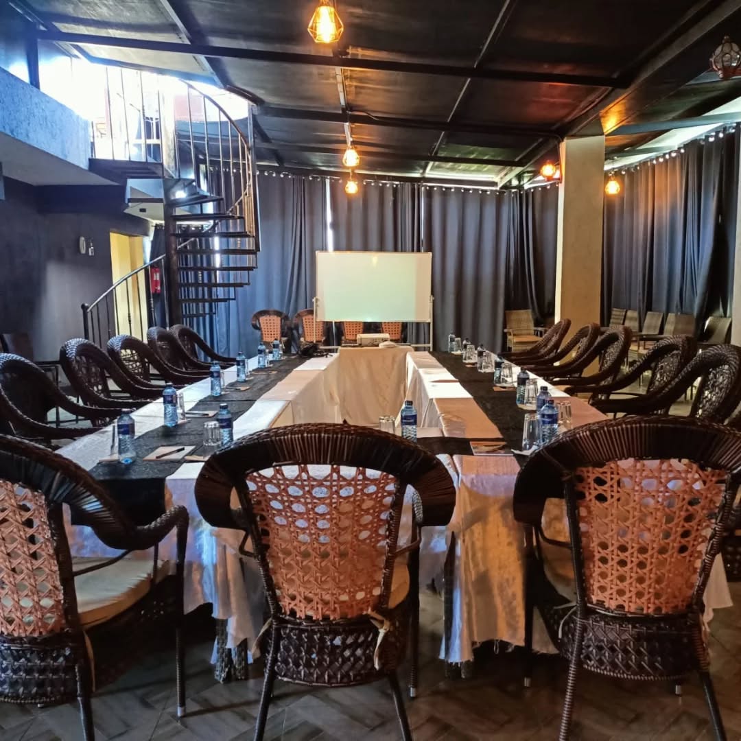 A long table set for a meeting